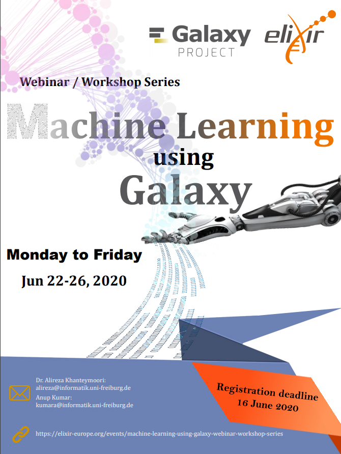 Workshop Flier for Machine Learning Using Galaxy Workshop this month. Register by June 16.